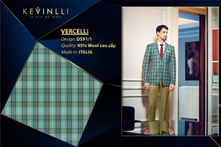 D591/1 Vercelli CVM - Vải Suit 95% Wool - Xanh Dương ngọc Caro